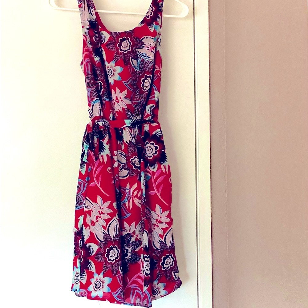 Talbots Red Jacquard Floral Tie Waist Fit & Flare Dress 10P Cotton Preppy Summer